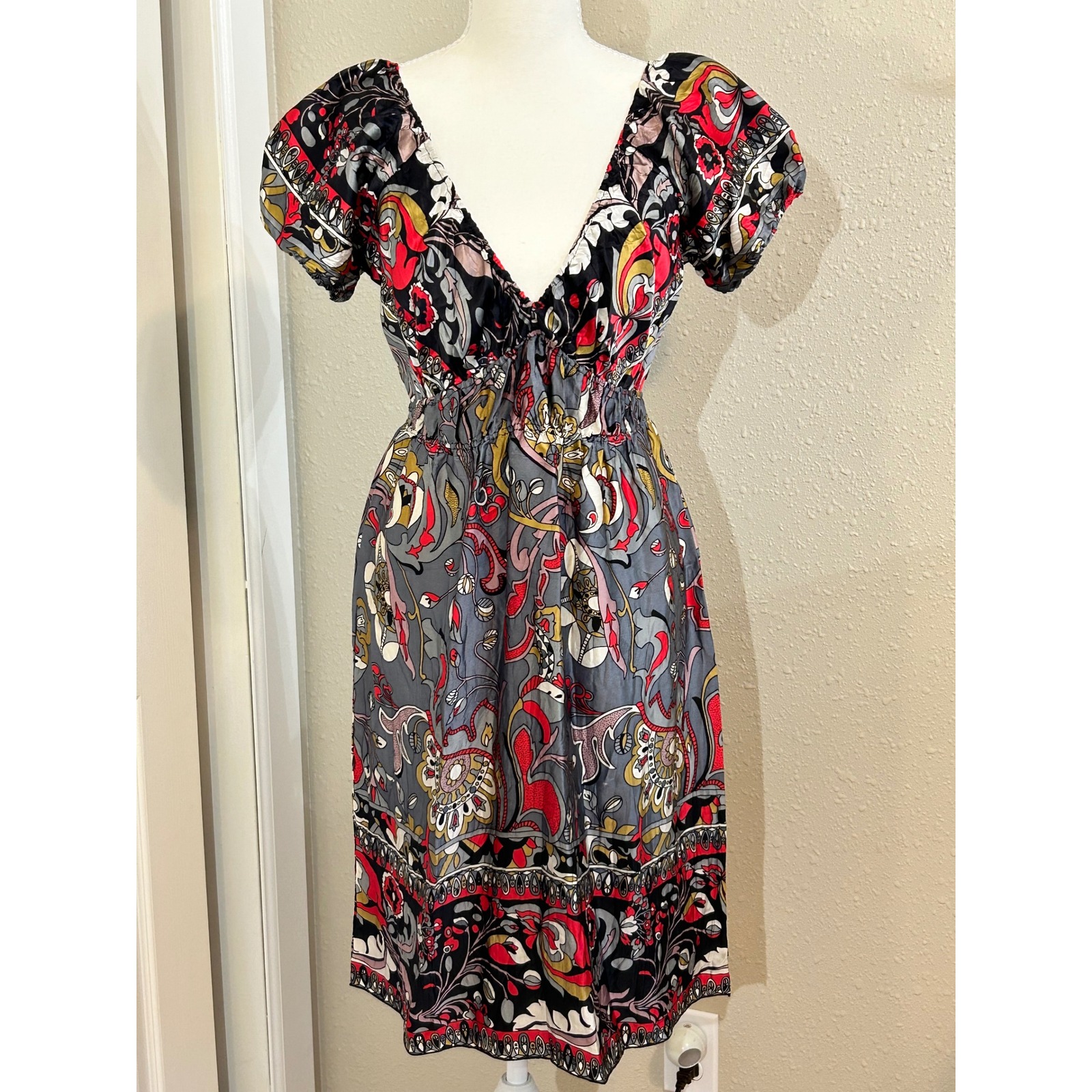 Hale Bob Y2k Vintage Festival Boho %100 Silk Paisley Empire Waist Dress Sm